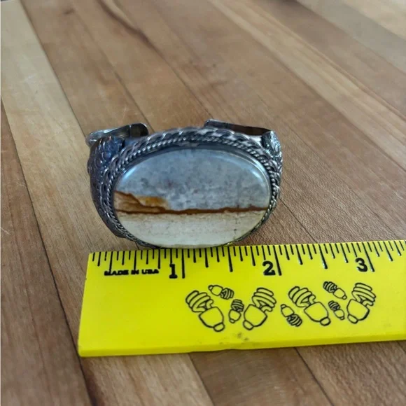 Vintage Sterling Silver Picture Jasper Large Stone Landscape Rope Cuff Bracelet - Picture 3 of 8